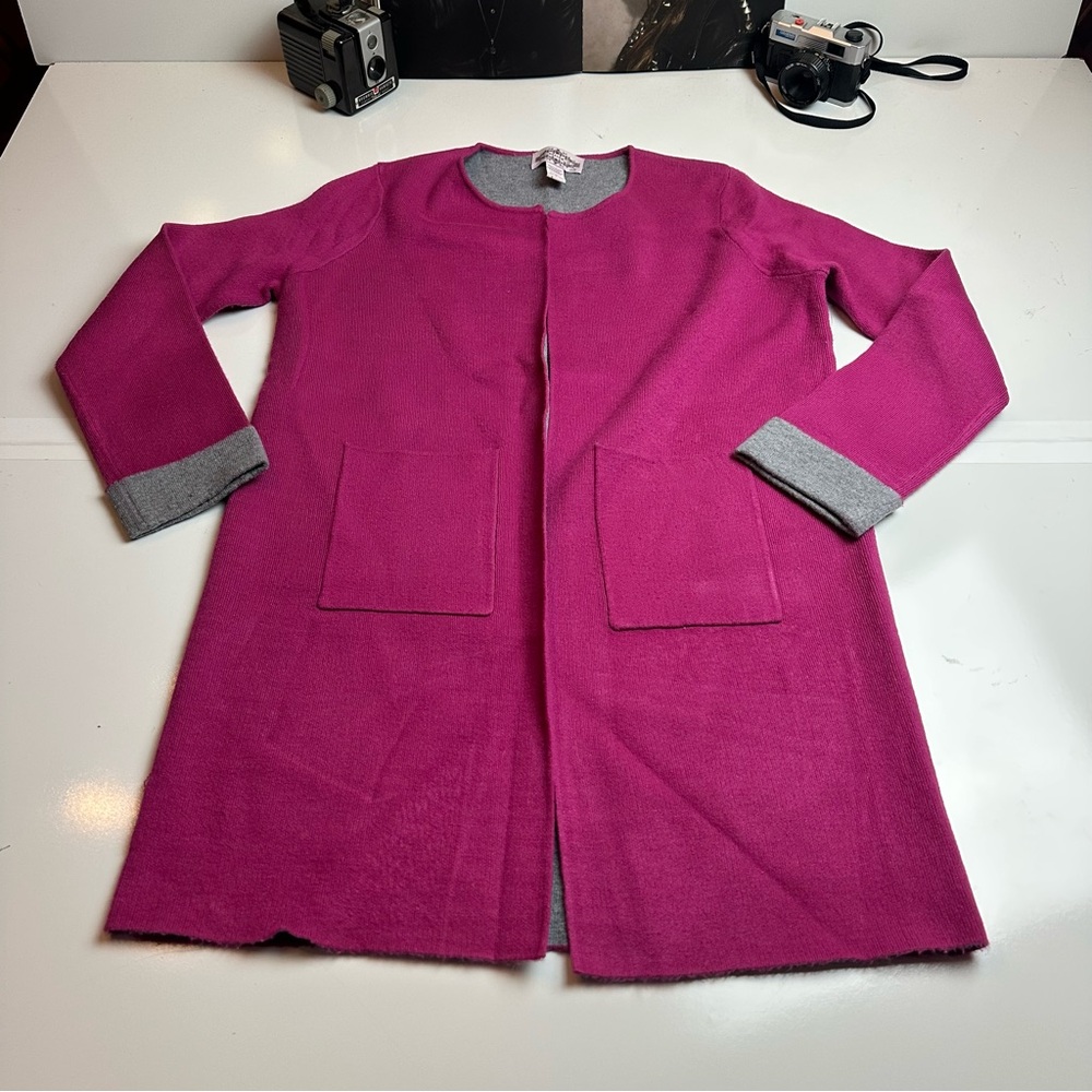 Oliver Vibrant Pink and Gray Cape Magenta Gray Open Front Knit Cardigan Coat